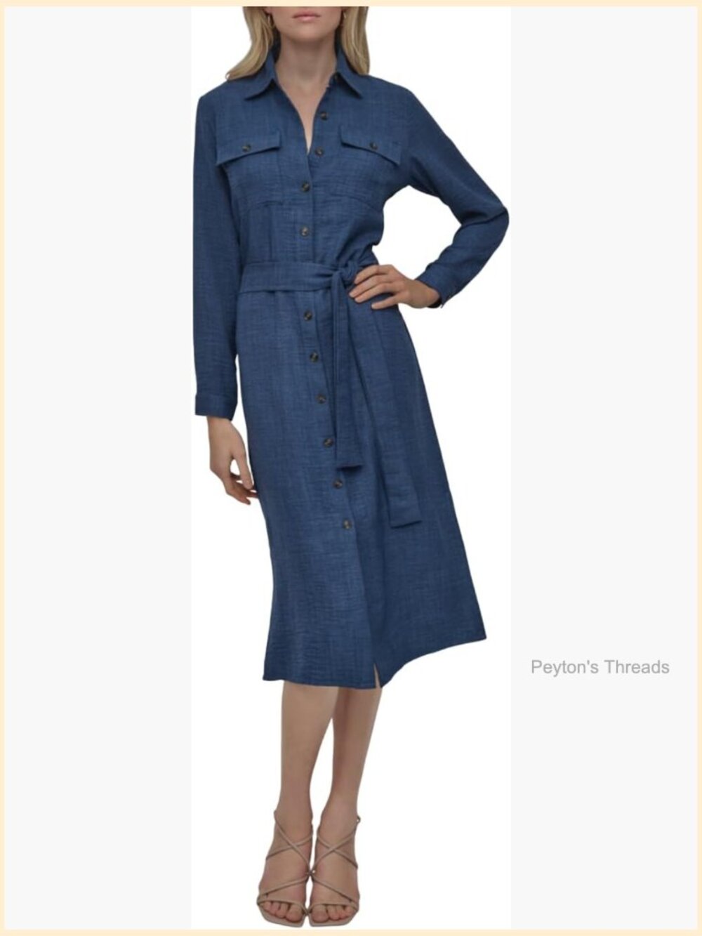 Long Sleeve Collared Tie Waist Midi Shirtdress with Pockets - Picture 1 of 6
